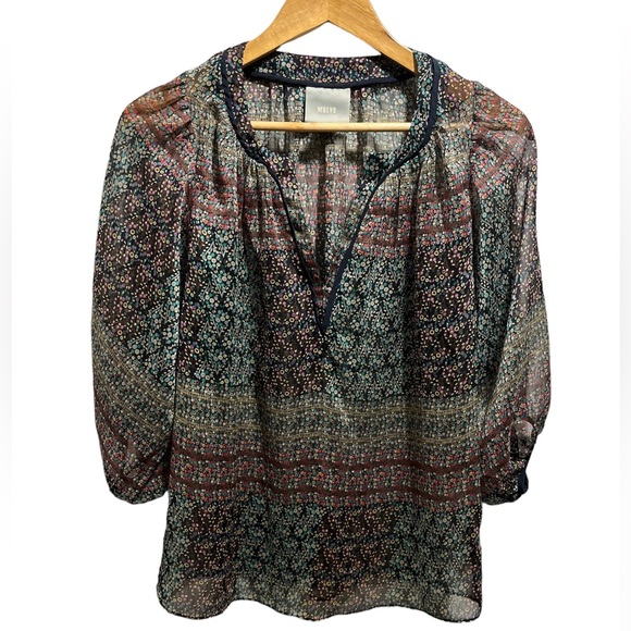 Anthropologie Maeve Poppy Print Pull Over 3/4 Length Sleeves V-neck Blouse Sz XS - Picture 2 of 12